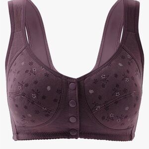 NWOT Womens Purple Floral Print Wireless Breathable Bra With 4 Front Snaps